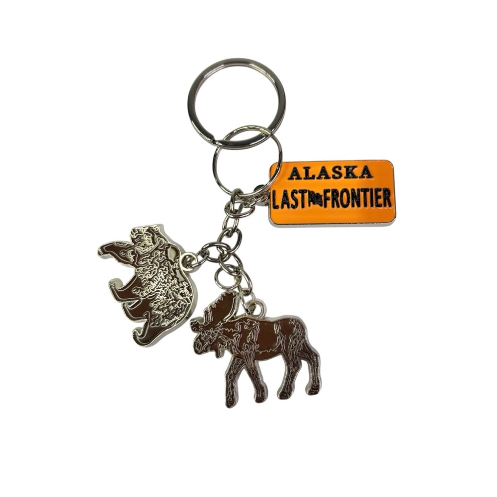 Alaska Last Frontier Keychain with Bear and Moose Charms, [4.25” x 2”] NWOT